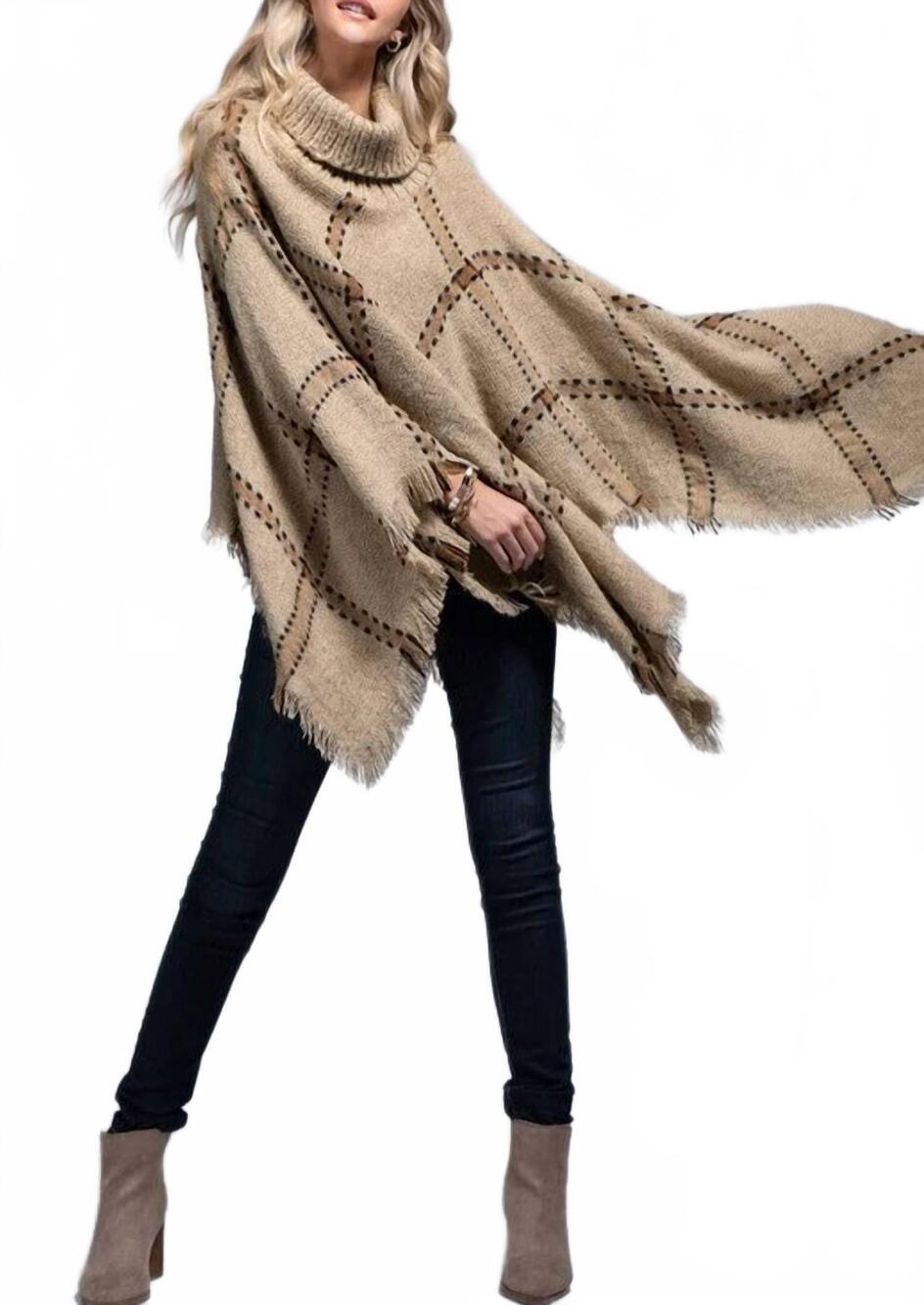 NEW RUGGINE windowpane turtleneck poncho in biscuit